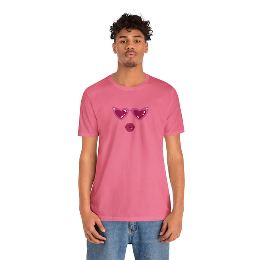 United by Love: Pink Heart Glasses Couple's Tee - Celebrate Valentine's Together