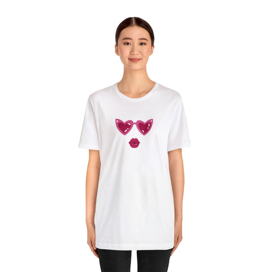 United by Love: Pink Heart Glasses Couple's Tee - Celebrate Valentine's Together