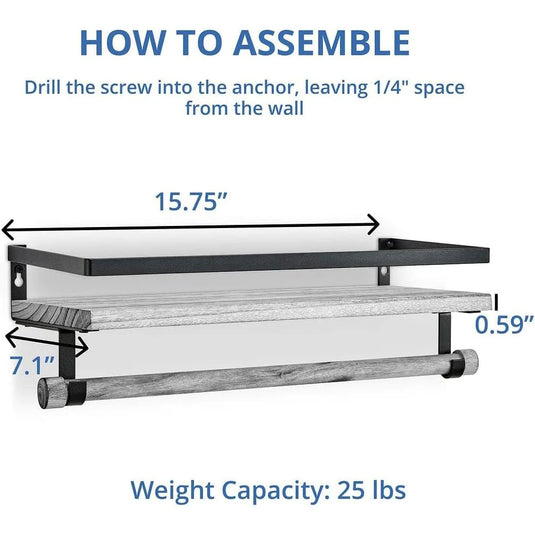 Wall Mounted Floating Shelf with Rail and Wooden Towel Rod