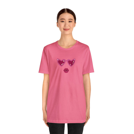 United by Love: Pink Heart Glasses Couple's Tee - Celebrate Valentine's Together