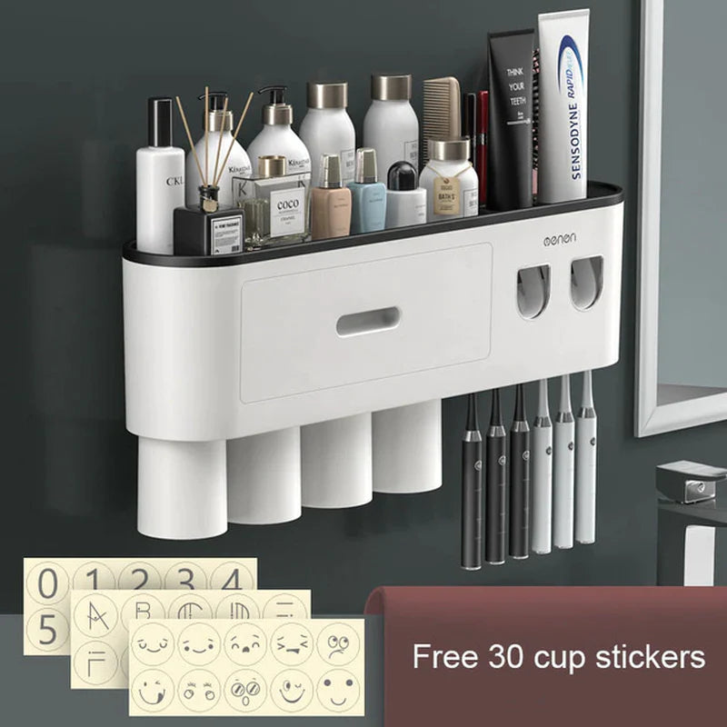 Load image into Gallery viewer, Magnetic Adsorption Toothbrush Holder Waterproof Storage Box 2/3/4 Cup Toothpaste Dispenser Wall Mounted Bathroom Accessories
