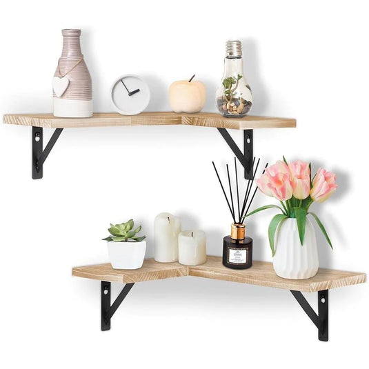 Floating Corner Shelf - Wood Wall Mounted Display Storage for Home Decor