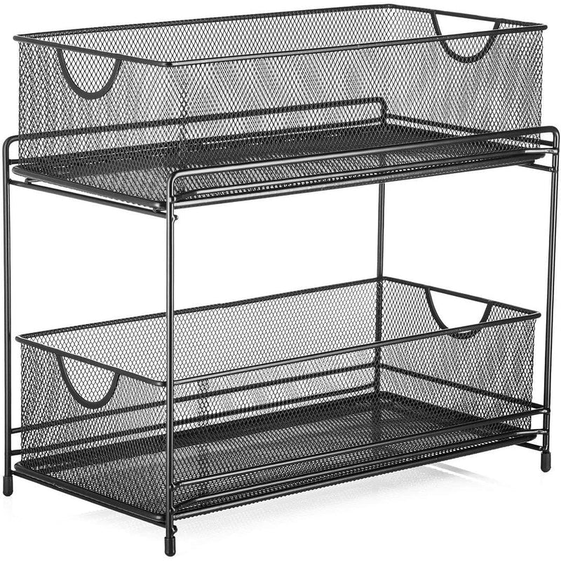 Load image into Gallery viewer, Premium 2-Tier Mesh Sliding Drawer Organizer for Bathroom, Pantry, and More - Space-Saving Design, Durable Steel Construction - 14&quot; X 12.75&quot; X 6.75&quot; - Black
