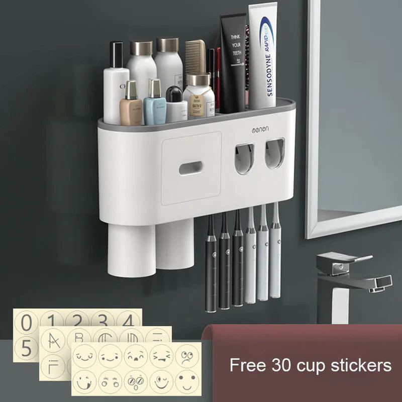 Load image into Gallery viewer, Magnetic Adsorption Toothbrush Holder Waterproof Storage Box 2/3/4 Cup Toothpaste Dispenser Wall Mounted Bathroom Accessories
