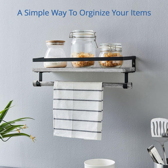 Wall Mounted Floating Shelf with Rail and Wooden Towel Rod