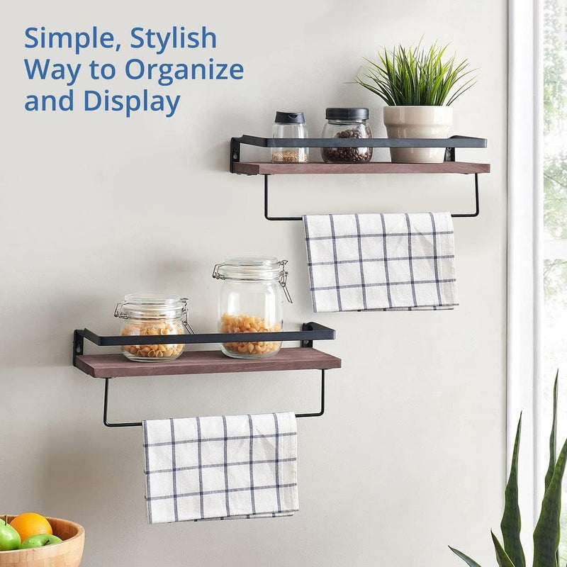 Load image into Gallery viewer, Rustic Wood Floating Shelf with Towel Rack - Perfect for Kitchen and Bathroom
