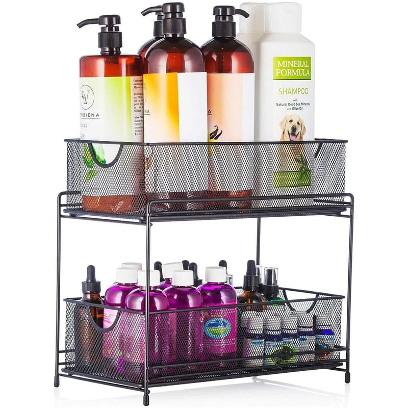 Load image into Gallery viewer, Premium 2-Tier Mesh Sliding Drawer Organizer for Bathroom, Pantry, and More - Space-Saving Design, Durable Steel Construction - 14&quot; X 12.75&quot; X 6.75&quot; - Black
