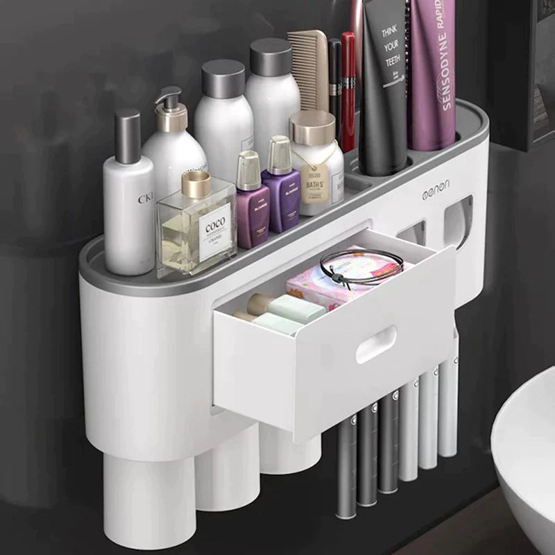 Load image into Gallery viewer, Magnetic Adsorption Toothbrush Holder Waterproof Storage Box 2/3/4 Cup Toothpaste Dispenser Wall Mounted Bathroom Accessories
