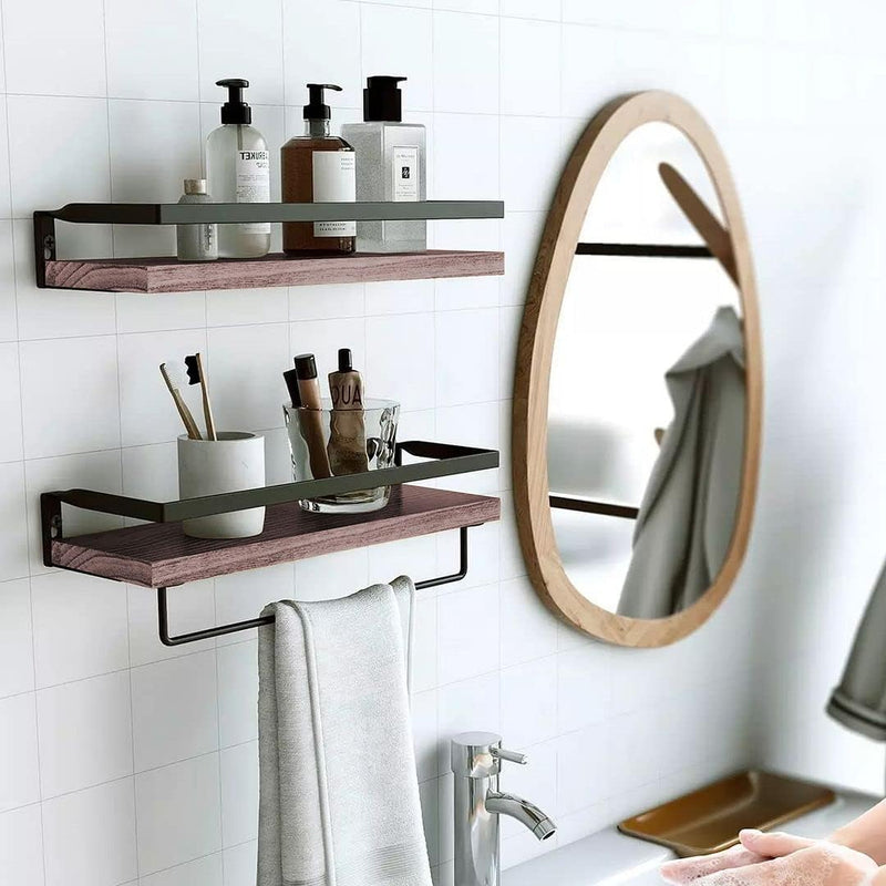 Load image into Gallery viewer, Rustic Wood Floating Shelf with Towel Rack - Perfect for Kitchen and Bathroom
