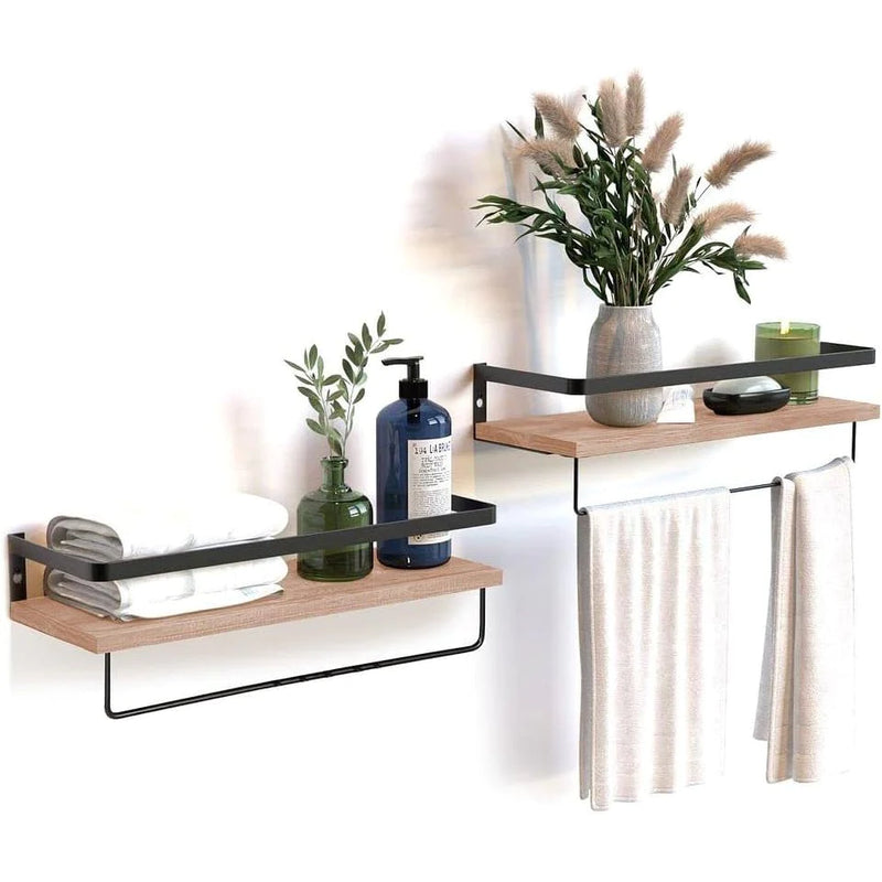 Load image into Gallery viewer, Rustic Wood Floating Shelf with Towel Rack - Perfect for Kitchen and Bathroom
