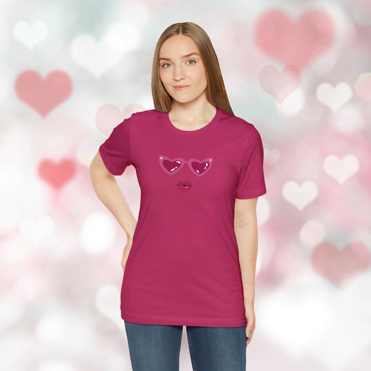 United by Love: Pink Heart Glasses Couple's Tee - Celebrate Valentine's Together