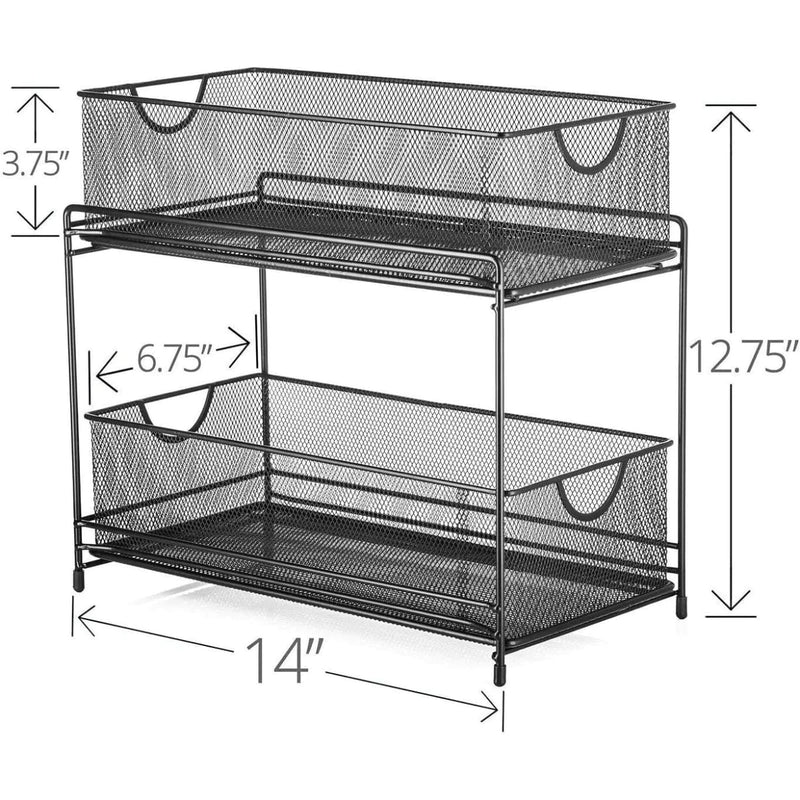 Load image into Gallery viewer, Premium 2-Tier Mesh Sliding Drawer Organizer for Bathroom, Pantry, and More - Space-Saving Design, Durable Steel Construction - 14&quot; X 12.75&quot; X 6.75&quot; - Black
