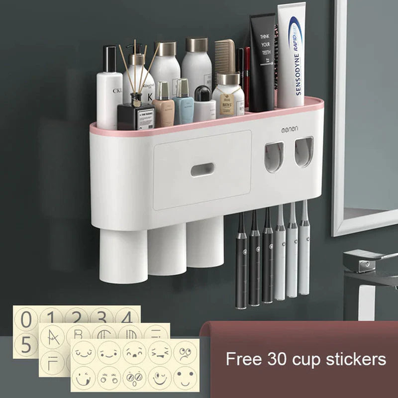 Load image into Gallery viewer, Magnetic Adsorption Toothbrush Holder Waterproof Storage Box 2/3/4 Cup Toothpaste Dispenser Wall Mounted Bathroom Accessories
