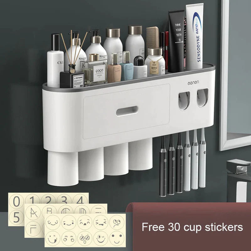 Load image into Gallery viewer, Magnetic Adsorption Toothbrush Holder Waterproof Storage Box 2/3/4 Cup Toothpaste Dispenser Wall Mounted Bathroom Accessories
