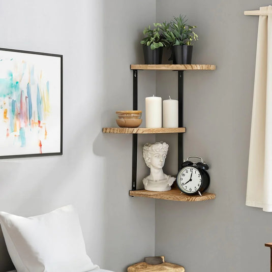 Floating Corner Shelf - Wood Wall Mounted Display Storage for Home Decor