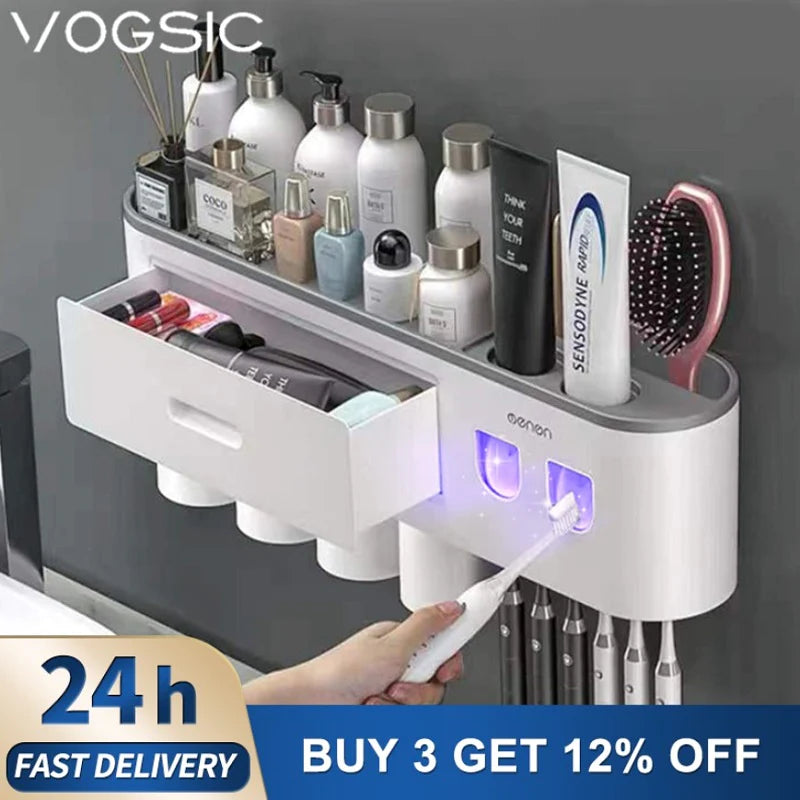 Load image into Gallery viewer, Magnetic Adsorption Toothbrush Holder Waterproof Storage Box 2/3/4 Cup Toothpaste Dispenser Wall Mounted Bathroom Accessories
