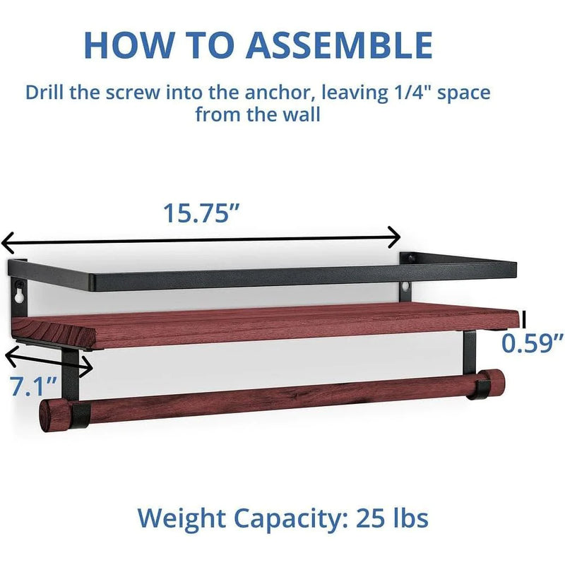 Load image into Gallery viewer, Wall Mounted Floating Shelf with Rail and Wooden Towel Rod
