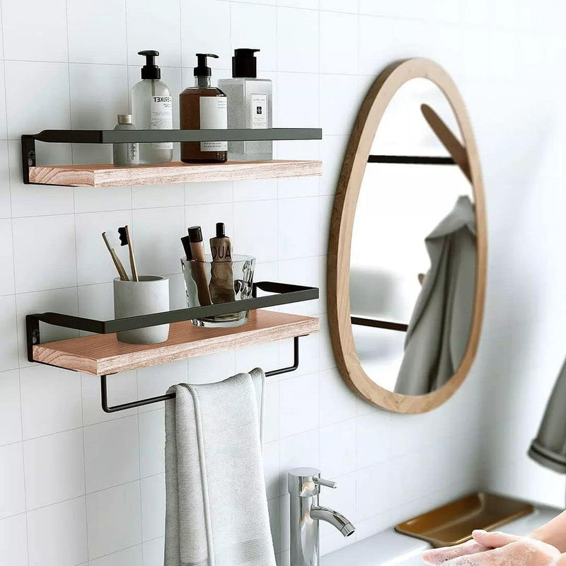 Load image into Gallery viewer, Rustic Wood Floating Shelf with Towel Rack - Perfect for Kitchen and Bathroom
