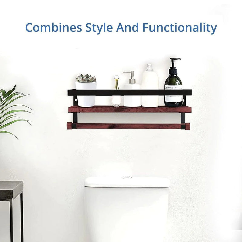 Load image into Gallery viewer, Wall Mounted Floating Shelf with Rail and Wooden Towel Rod
