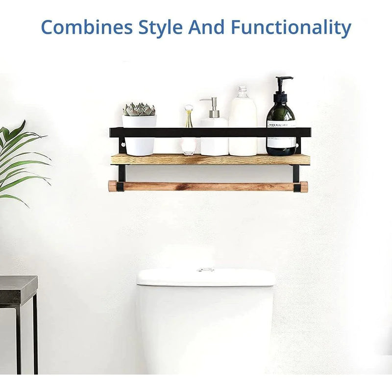 Load image into Gallery viewer, Rustic Wood Floating Shelf with Towel Rack - Perfect for Kitchen and Bathroom
