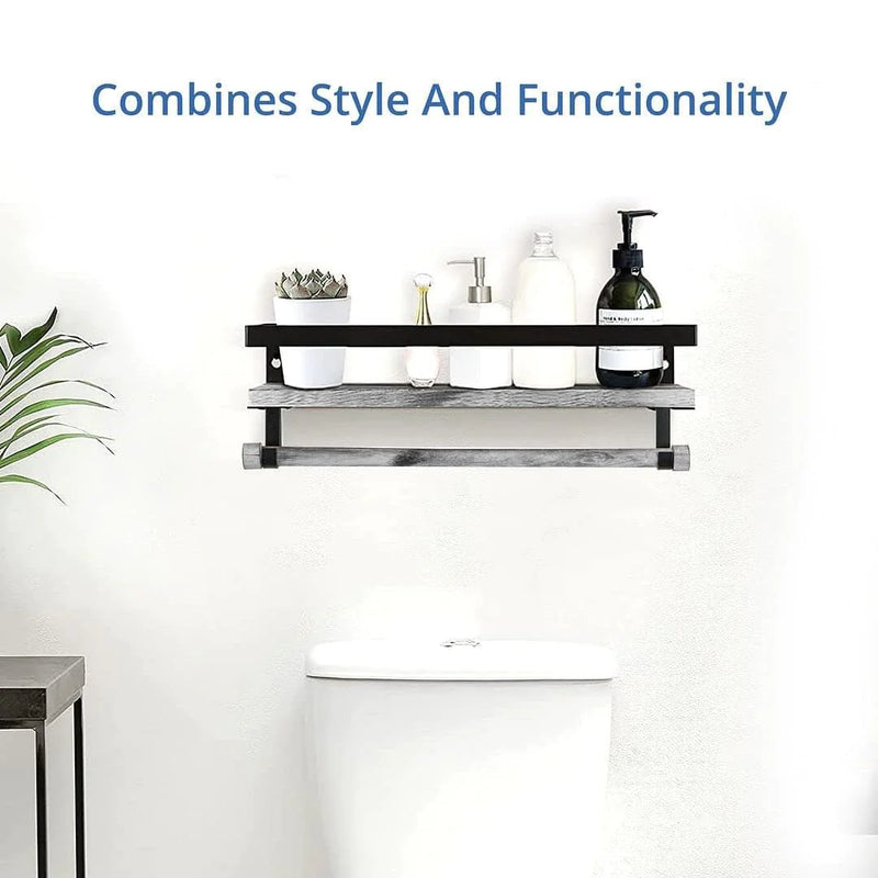 Load image into Gallery viewer, Wall Mounted Floating Shelf with Rail and Wooden Towel Rod
