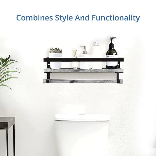 Wall Mounted Floating Shelf with Rail and Wooden Towel Rod